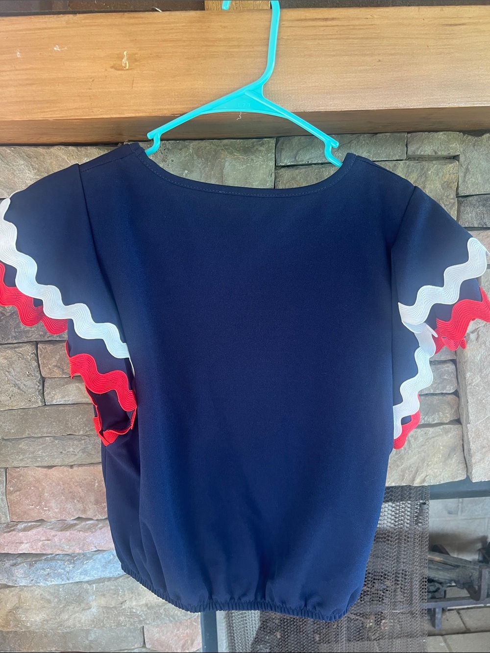 Navy Blouse with Red & White Ruffle Sleeves - Picture 4 of 5